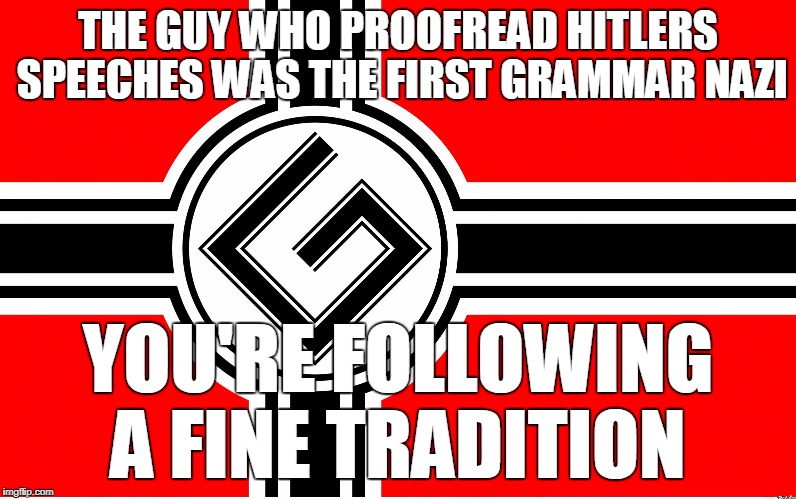 grammar nazi flag | THE GUY WHO PROOFREAD HITLERS SPEECHES WAS THE FIRST GRAMMAR NAZI YOU'RE FOLLOWING A FINE TRADITION | image tagged in grammar nazi flag | made w/ Imgflip meme maker