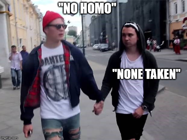 Well that's a relief... | "NO HOMO"; "NONE TAKEN" | image tagged in memes,gay | made w/ Imgflip meme maker