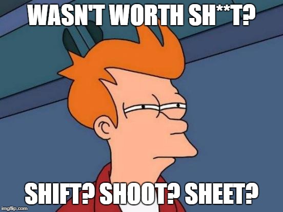 Futurama Fry Meme | WASN'T WORTH SH**T? SHIFT? SHOOT? SHEET? | image tagged in memes,futurama fry | made w/ Imgflip meme maker