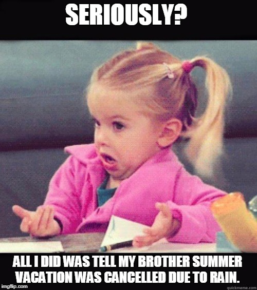 Summer Vacation Cancelled | SERIOUSLY? ALL I DID WAS TELL MY BROTHER SUMMER VACATION WAS CANCELLED DUE TO RAIN. | image tagged in idk girl,summer vacation | made w/ Imgflip meme maker