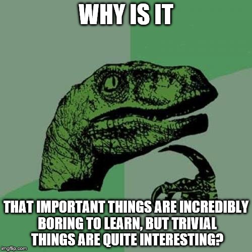 Philosoraptor Meme | WHY IS IT; THAT IMPORTANT THINGS ARE INCREDIBLY BORING TO LEARN, BUT TRIVIAL THINGS ARE QUITE INTERESTING? | image tagged in memes,philosoraptor | made w/ Imgflip meme maker