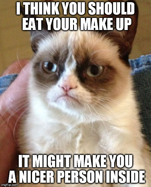 Top Tip | I THINK YOU SHOULD EAT YOUR MAKE UP; IT MIGHT MAKE YOU A NICER PERSON INSIDE | image tagged in memes,grumpy cat | made w/ Imgflip meme maker