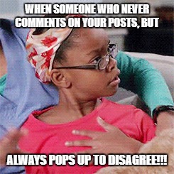 Amazed | WHEN SOMEONE WHO NEVER COMMENTS ON YOUR POSTS, BUT; ALWAYS POPS UP TO DISAGREE!!! | image tagged in diane,blackish,trolls | made w/ Imgflip meme maker