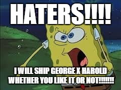 me in a nutshell | HATERS!!!! I WILL SHIP GEORGE X HAROLD WHETHER YOU LIKE IT OR NOT!!!!!!! | image tagged in spongebob screaming | made w/ Imgflip meme maker