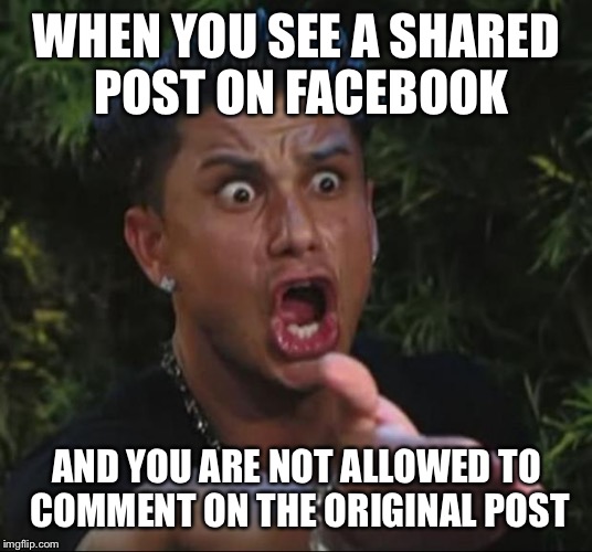 DJ Pauly D | WHEN YOU SEE A SHARED POST ON FACEBOOK; AND YOU ARE NOT ALLOWED TO COMMENT ON THE ORIGINAL POST | image tagged in memes,dj pauly d | made w/ Imgflip meme maker