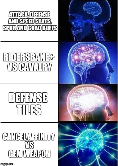 Expanding Brain Meme | ATTACK, DEFENSE AND SPEED STATS, SPUR AND GOAD BUFFS; RIDERSBANE+ VS CAVALRY; DEFENSE TILES; CANCEL AFFINITY VS GEM WEAPON | image tagged in expanding brain | made w/ Imgflip meme maker