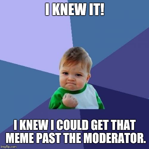 Success Kid Meme | I KNEW IT! I KNEW I COULD GET THAT MEME PAST THE MODERATOR. | image tagged in memes,success kid | made w/ Imgflip meme maker