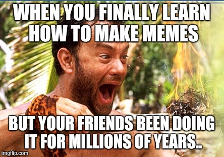 Castaway Fire | WHEN YOU FINALLY LEARN HOW TO MAKE MEMES; BUT YOUR FRIENDS BEEN DOING IT FOR MILLIONS OF YEARS.. | image tagged in memes,castaway fire | made w/ Imgflip meme maker