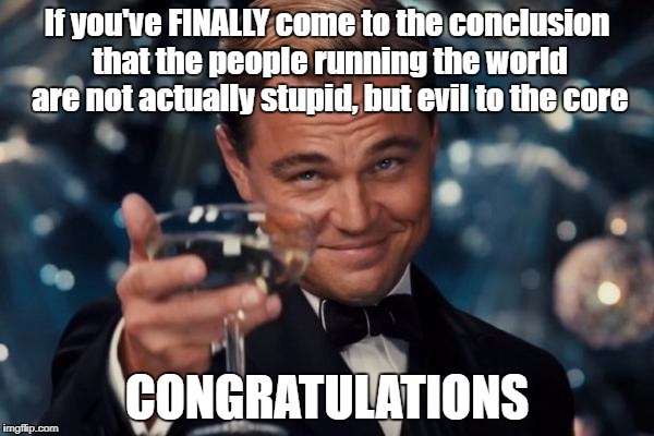 How else would they have gotten into that position? | If you've FINALLY come to the conclusion that the people running the world are not actually stupid, but evil to the core; CONGRATULATIONS | image tagged in memes,leonardo dicaprio cheers | made w/ Imgflip meme maker
