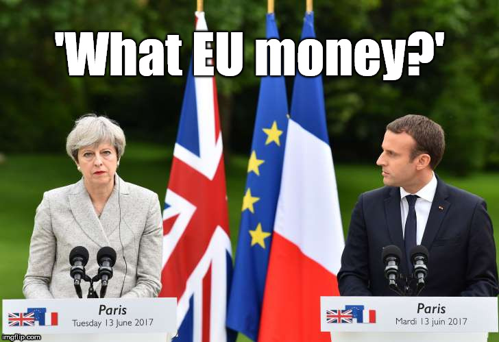 What? |  'What EU money?' | image tagged in eu,theresa may,brexit,tory,funny,memes | made w/ Imgflip meme maker