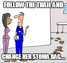 FOLLOW THE TRAIL AND; CHANGE HER STOMA BAG.... | image tagged in trail of poo | made w/ Imgflip meme maker