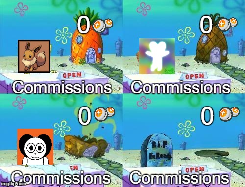 real-angelthegamer's commission progress | 0                0; Commissions    Commissions; 0                0; Commissions    Commissions | image tagged in spongebob's unpopular stand,deviantart,real-angelthegamer,spongebob,points,commissions | made w/ Imgflip meme maker