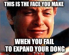 Spider-Man Crying | THIS IS THE FACE YOU MAKE; WHEN YOU FAIL TO EXPAND YOUR DONG | image tagged in spider-man crying | made w/ Imgflip meme maker