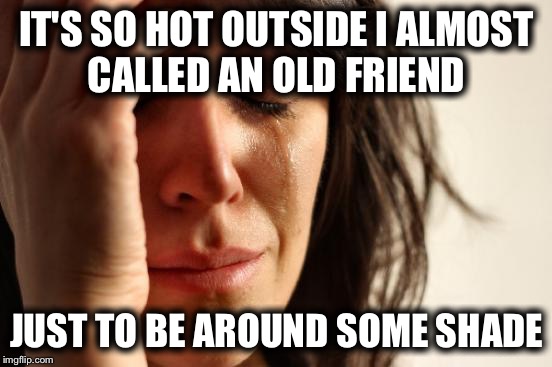 First World Problems Meme | IT'S SO HOT OUTSIDE I ALMOST CALLED AN OLD FRIEND; JUST TO BE AROUND SOME SHADE | image tagged in memes,first world problems | made w/ Imgflip meme maker