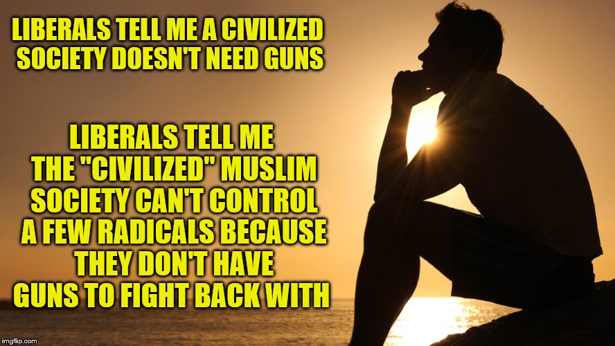 LIBERALS TELL ME A CIVILIZED SOCIETY DOESN'T NEED GUNS; LIBERALS TELL ME THE "CIVILIZED" MUSLIM SOCIETY CAN'T CONTROL A FEW RADICALS BECAUSE THEY DON'T HAVE GUNS TO FIGHT BACK WITH | image tagged in gun control,guns,terrorism,war on terror,muslims | made w/ Imgflip meme maker