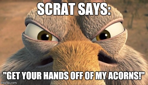 Scrat Madness! | SCRAT SAYS:; "GET YOUR HANDS OFF OF MY ACORNS!" | image tagged in scrat mad,ice age,scrat | made w/ Imgflip meme maker