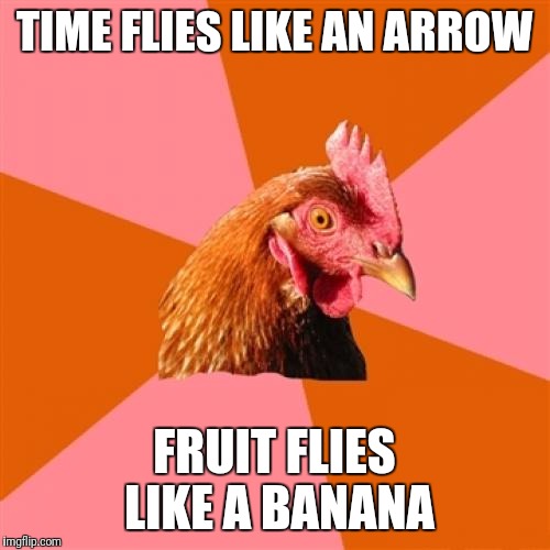 Anti Joke Chicken Meme | TIME FLIES LIKE AN ARROW; FRUIT FLIES LIKE A BANANA | image tagged in memes,anti joke chicken | made w/ Imgflip meme maker