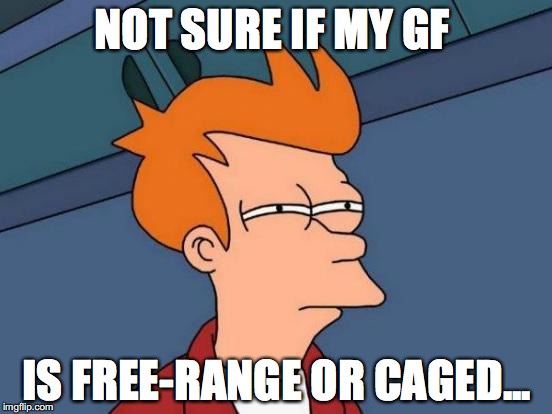 Futurama Fry | NOT SURE IF MY GF; IS FREE-RANGE OR CAGED... | image tagged in memes,futurama fry | made w/ Imgflip meme maker
