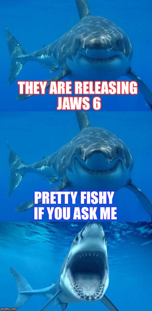 What Mr. Shark thinks of jaws 6 | THEY ARE RELEASING JAWS 6; PRETTY FISHY IF YOU ASK ME | image tagged in bad shark pun | made w/ Imgflip meme maker