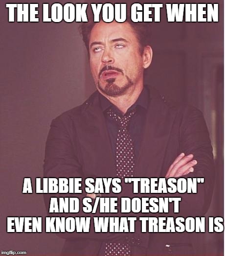 Face You Make Robert Downey Jr Meme | THE LOOK YOU GET WHEN; A LIBBIE SAYS "TREASON" AND S/HE DOESN'T EVEN KNOW WHAT TREASON IS | image tagged in memes,face you make robert downey jr | made w/ Imgflip meme maker