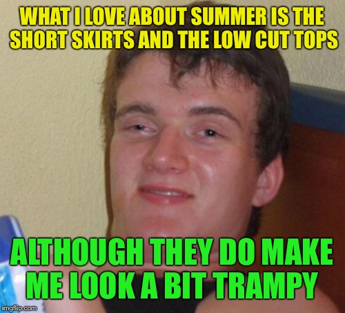 Crossing the divide  | WHAT I LOVE ABOUT SUMMER IS THE SHORT SKIRTS AND THE LOW CUT TOPS; ALTHOUGH THEY DO MAKE ME LOOK A BIT TRAMPY | image tagged in memes,10 guy,funny | made w/ Imgflip meme maker