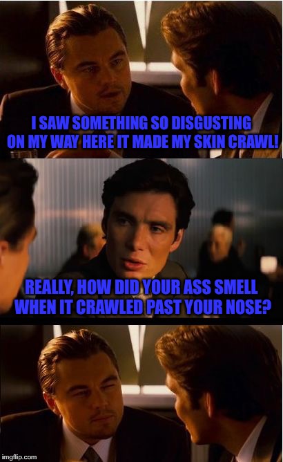 An oldie but I need something to get me back in the game. |  I SAW SOMETHING SO DISGUSTING ON MY WAY HERE IT MADE MY SKIN CRAWL! REALLY, HOW DID YOUR ASS SMELL WHEN IT CRAWLED PAST YOUR NOSE? | image tagged in memes,inception,butt | made w/ Imgflip meme maker
