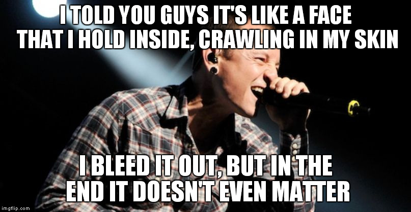 linkin park crawling | I TOLD YOU GUYS IT'S LIKE A FACE THAT I HOLD INSIDE, CRAWLING IN MY SKIN; I BLEED IT OUT, BUT IN THE END IT DOESN'T EVEN MATTER | image tagged in linkin park crawling | made w/ Imgflip meme maker