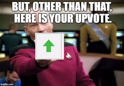 Picard Wtf Meme | BUT, OTHER THAN THAT, HERE IS YOUR UPVOTE. | image tagged in memes,picard wtf | made w/ Imgflip meme maker