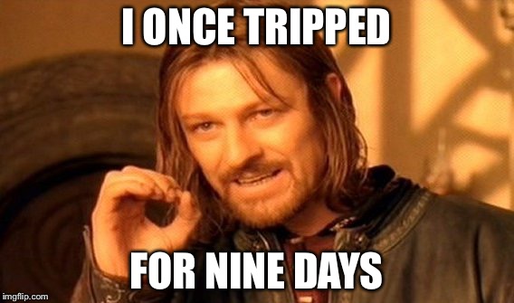 One Does Not Simply Meme | I ONCE TRIPPED FOR NINE DAYS | image tagged in memes,one does not simply | made w/ Imgflip meme maker