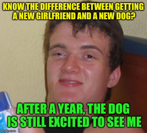 And bingo was his name  | KNOW THE DIFFERENCE BETWEEN GETTING A NEW GIRLFRIEND AND A NEW DOG? AFTER A YEAR, THE DOG IS STILL EXCITED TO SEE ME | image tagged in memes,10 guy,funny | made w/ Imgflip meme maker