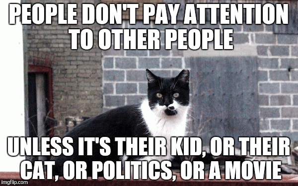 PEOPLE DON'T PAY ATTENTION TO OTHER PEOPLE UNLESS IT'S THEIR KID, OR THEIR CAT, OR POLITICS, OR A MOVIE | made w/ Imgflip meme maker