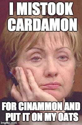 Tired Hillary | I MISTOOK CARDAMON; FOR CINAMMON AND PUT IT ON MY OATS | image tagged in tired hillary | made w/ Imgflip meme maker