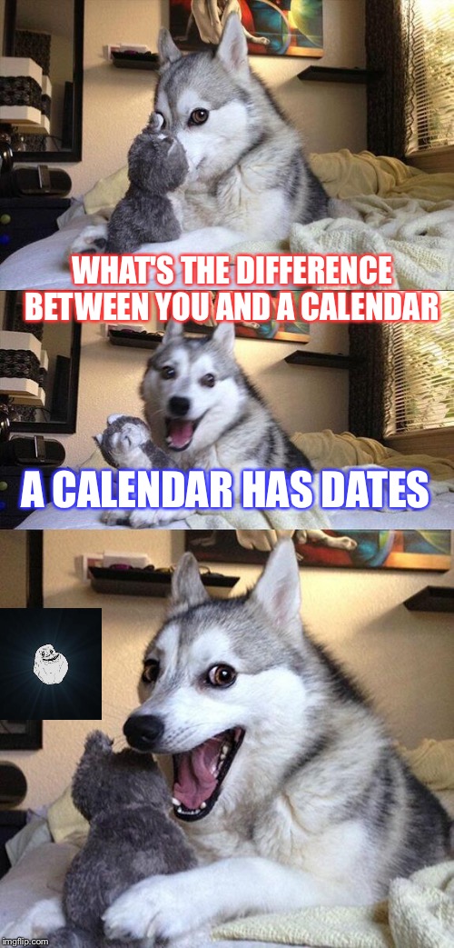 Bad Pun Dog | WHAT'S THE DIFFERENCE BETWEEN YOU AND A CALENDAR; A CALENDAR HAS DATES | image tagged in memes,bad pun dog | made w/ Imgflip meme maker