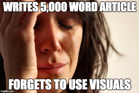 First World Problems Meme |  WRITES 5,000 WORD ARTICLE; FORGETS TO USE VISUALS | image tagged in memes,first world problems | made w/ Imgflip meme maker