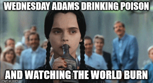 Wednesday Watching The World Burn | WEDNESDAY ADAMS DRINKING POISON; AND WATCHING THE WORLD BURN | image tagged in pick your poison,wednesday addams,watching the world burn,this chick | made w/ Imgflip meme maker