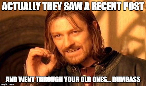 One Does Not Simply Meme | ACTUALLY THEY SAW A RECENT POST AND WENT THROUGH YOUR OLD ONES... DUMBASS | image tagged in memes,one does not simply | made w/ Imgflip meme maker