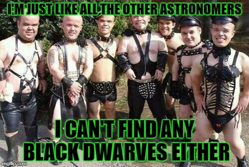 Dwarfs | I'M JUST LIKE ALL THE OTHER ASTRONOMERS; I CAN'T FIND ANY BLACK DWARVES EITHER | image tagged in dwarfs | made w/ Imgflip meme maker