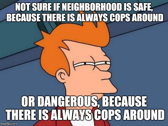 Futurama Fry | NOT SURE IF NEIGHBORHOOD IS SAFE, BECAUSE THERE IS ALWAYS COPS AROUND; OR DANGEROUS, BECAUSE THERE IS ALWAYS COPS AROUND | image tagged in memes,futurama fry | made w/ Imgflip meme maker