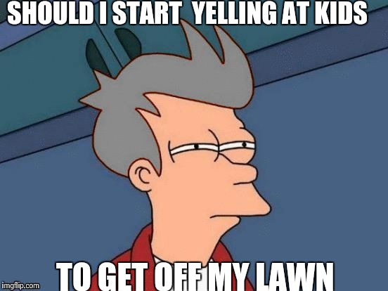 SHOULD I START  YELLING AT KIDS; TO GET OFF MY LAWN | image tagged in futurama fry2,meme,wtf | made w/ Imgflip meme maker