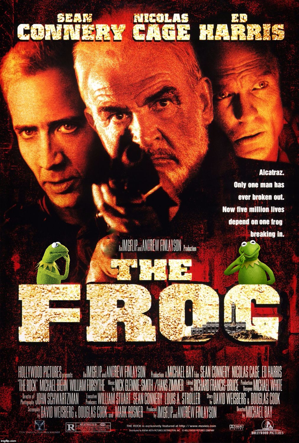 Been a while since I made a movie poster.  One frog is breaking in and one is breaking out! | image tagged in the frog,the rock alcatraz,kermit vs connery,nicholas cage,ed harris,movie poster | made w/ Imgflip meme maker