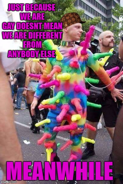 dildo guy | JUST BECAUSE WE ARE GAY DOESNT MEAN WE ARE DIFFERENT FROM ANYBODY ELSE; MEANWHILE | image tagged in dildo guy,scumbag,gay pride,weirdo | made w/ Imgflip meme maker
