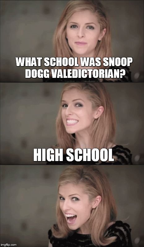 Bad Pun Anna Kendrick Meme | WHAT SCHOOL WAS SNOOP DOGG VALEDICTORIAN? HIGH SCHOOL | image tagged in memes,bad pun anna kendrick | made w/ Imgflip meme maker