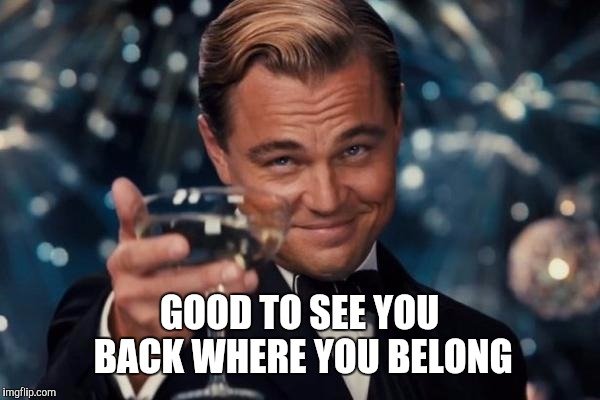 Leonardo Dicaprio Cheers Meme | GOOD TO SEE YOU BACK WHERE YOU BELONG | image tagged in memes,leonardo dicaprio cheers | made w/ Imgflip meme maker