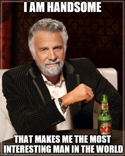 The Most Interesting Man In The World Meme | I AM HANDSOME; THAT MAKES ME THE MOST INTERESTING MAN IN THE WORLD | image tagged in memes,the most interesting man in the world | made w/ Imgflip meme maker