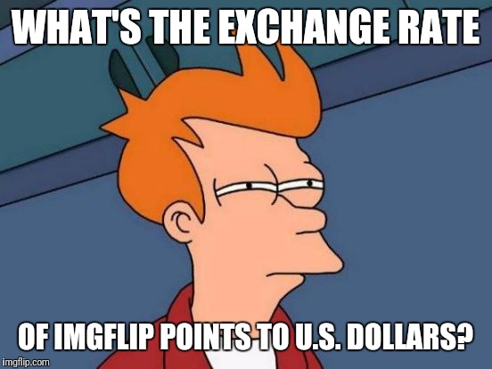 Futurama Fry Meme | WHAT'S THE EXCHANGE RATE OF IMGFLIP POINTS TO U.S. DOLLARS? | image tagged in memes,futurama fry | made w/ Imgflip meme maker