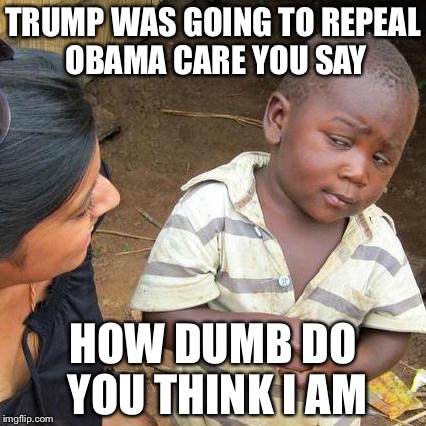 Third World Skeptical Kid Meme | TRUMP WAS GOING TO REPEAL OBAMA CARE YOU SAY; HOW DUMB DO YOU THINK I AM | image tagged in memes,third world skeptical kid | made w/ Imgflip meme maker