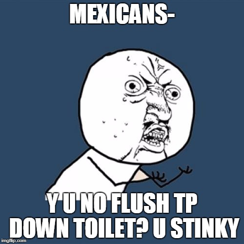 Y U No Meme | MEXICANS-; Y U NO FLUSH TP DOWN TOILET? U STINKY | image tagged in memes,y u no | made w/ Imgflip meme maker