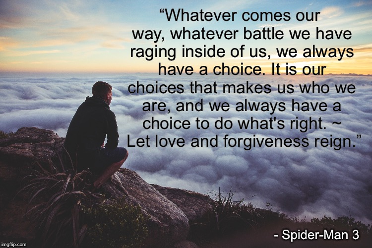 Our choices make us | “Whatever comes our way, whatever battle we have raging inside of us, we always have a choice. It is our choices that makes us who we are, and we always have a choice to do what's right. ~   Let love and forgiveness reign.”; - Spider-Man 3 | image tagged in inspirational,choice,love,forgiveness,spiderman | made w/ Imgflip meme maker