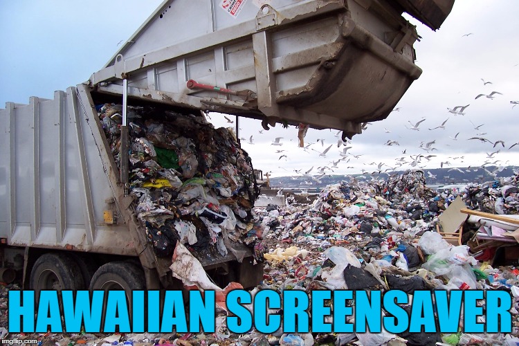 Why would someone in Hawaii have a beautiful beach for a screensaver when it's right outside? | HAWAIIAN SCREENSAVER | image tagged in garbage dump,memes,hawaii,screensaver | made w/ Imgflip meme maker