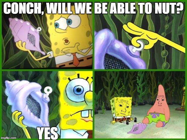 Spongebob Conch Shell | CONCH, WILL WE BE ABLE TO NUT? YES | image tagged in spongebob conch shell | made w/ Imgflip meme maker
